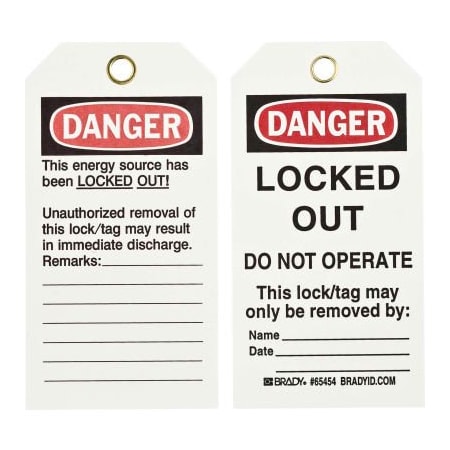 Brady 65454 Lockout Tag- Danger Locked Out Do Not Operate, 2 Sided, Cardstock, 25/Pack 65454